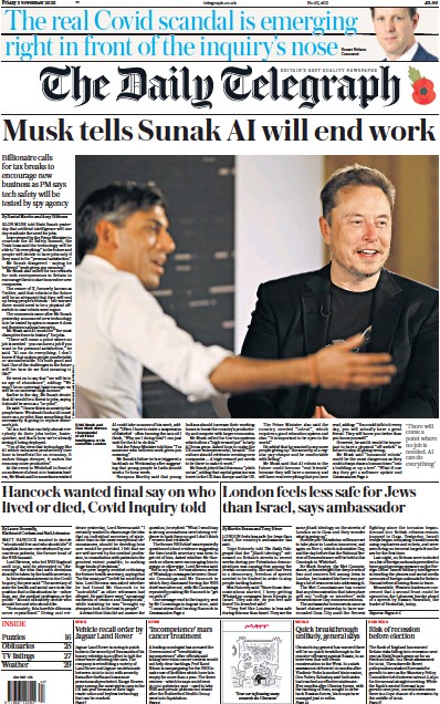 The Daily Telegraph Newspaper Front Page (UK) for 3 November 2023