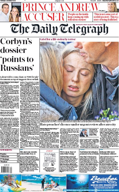 The Daily Telegraph Newspaper Front Page (UK) for 3 December 2019