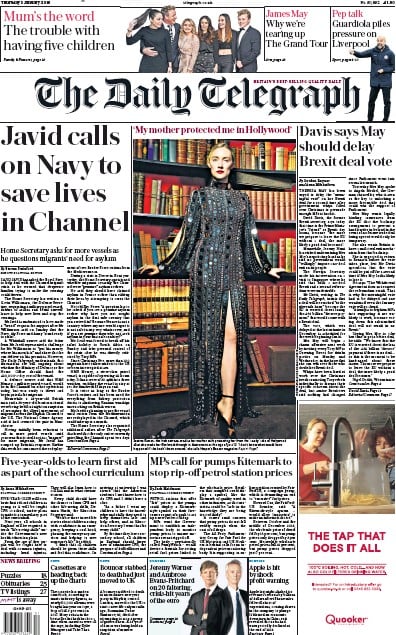 The Daily Telegraph Newspaper Front Page (UK) for 3 January 2019