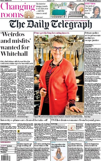 The Daily Telegraph Newspaper Front Page (UK) for 3 January 2020