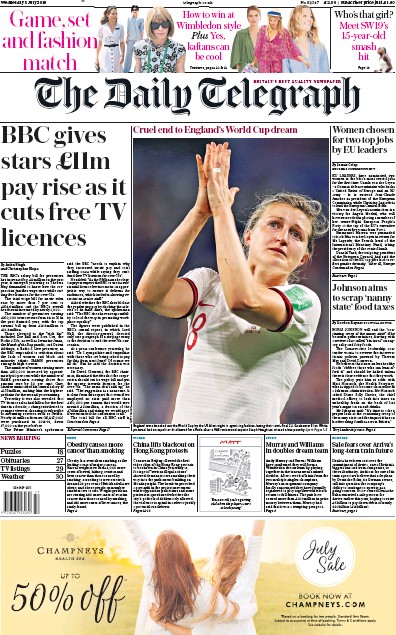 The Daily Telegraph Newspaper Front Page (UK) for 3 July 2019