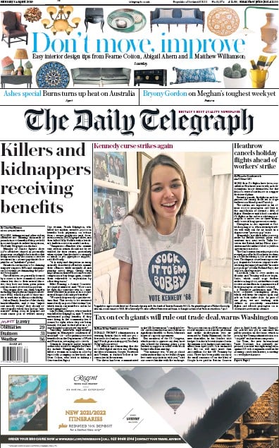 The Daily Telegraph Newspaper Front Page (UK) for 3 August 2019