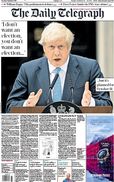 The Daily Telegraph Newspaper Front Page (UK) for 3 September 2019
