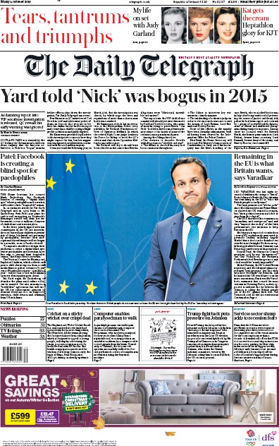 The Daily Telegraph Newspaper Front Page (UK) for 4 October 2019