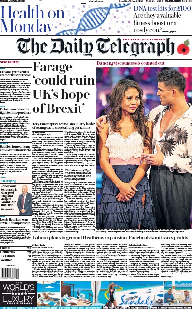 The Daily Telegraph Newspaper Front Page (UK) for 4 November 2019