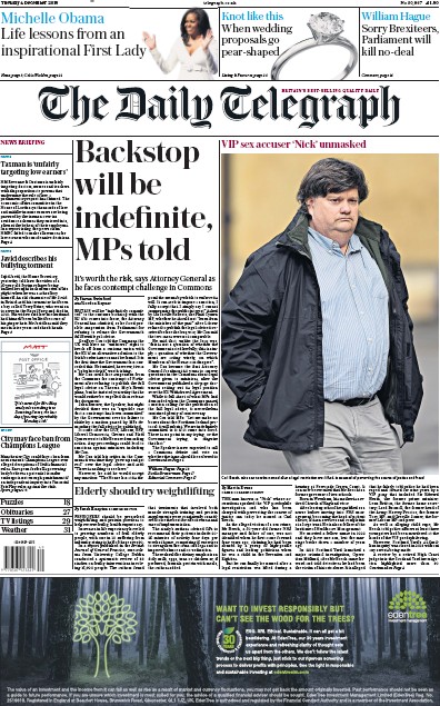 The Daily Telegraph Newspaper Front Page (UK) for 4 December 2018