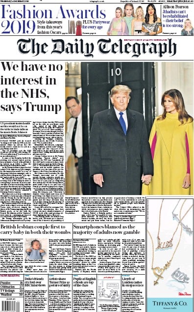 The Daily Telegraph Newspaper Front Page (UK) for 4 December 2019