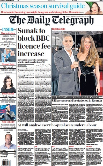 The Daily Telegraph Newspaper Front Page (UK) for 4 December 2023