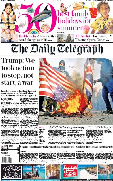 The Daily Telegraph Newspaper Front Page (UK) for 4 January 2020