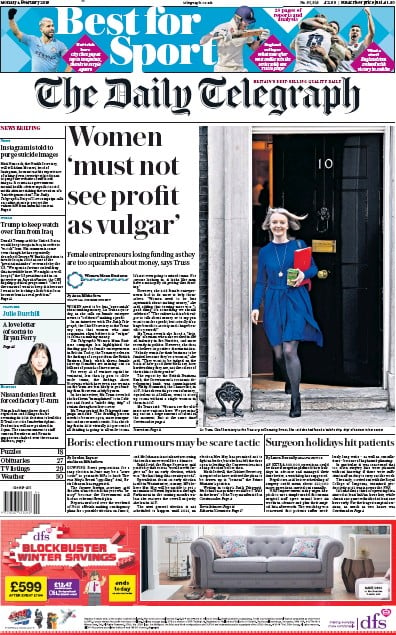 The Daily Telegraph Newspaper Front Page (UK) for 4 February 2019