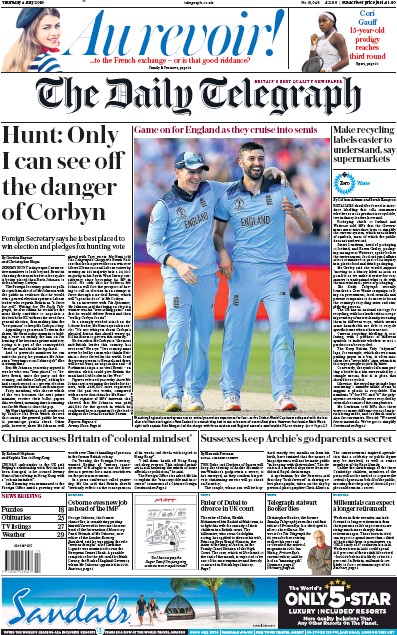 The Daily Telegraph Newspaper Front Page (UK) for 4 July 2019