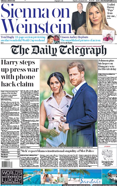 The Daily Telegraph Newspaper Front Page (UK) for 5 October 2019
