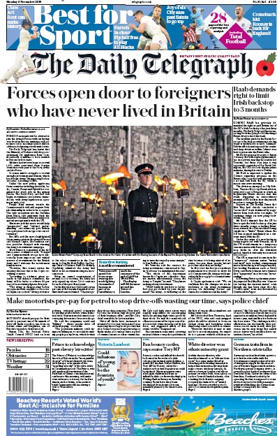 The Daily Telegraph Newspaper Front Page (UK) for 5 November 2018