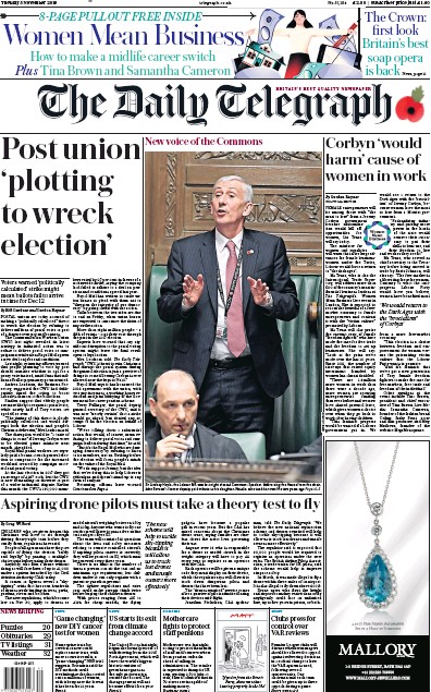 The Daily Telegraph Newspaper Front Page (UK) for 5 November 2019