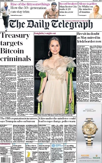 The Daily Telegraph Newspaper Front Page (UK) for 5 December 2017