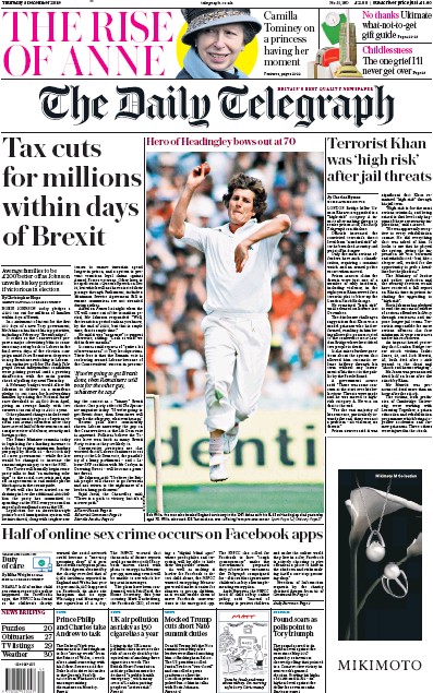 The Daily Telegraph Newspaper Front Page (UK) for 5 December 2019