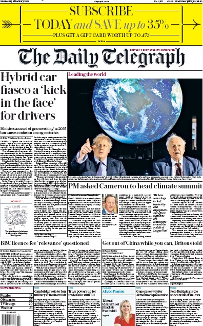 The Daily Telegraph Newspaper Front Page (UK) for 5 February 2020