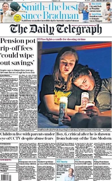 The Daily Telegraph Newspaper Front Page (UK) for 5 August 2019