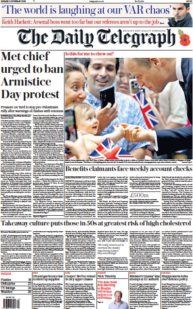 The Daily Telegraph Newspaper Front Page (UK) for 6 November 2023