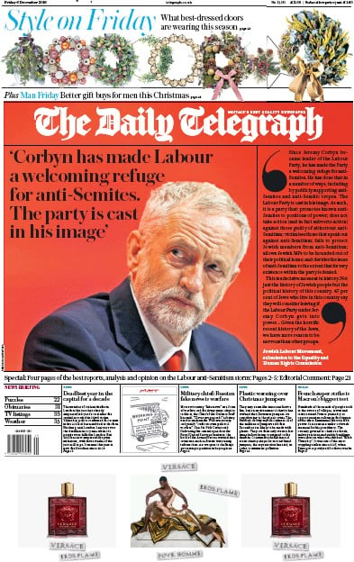 The Daily Telegraph Newspaper Front Page (UK) for 6 December 2019