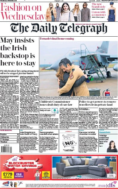 The Daily Telegraph Newspaper Front Page (UK) for 6 February 2019