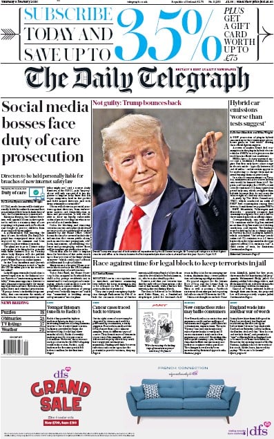The Daily Telegraph Newspaper Front Page (UK) for 6 February 2020