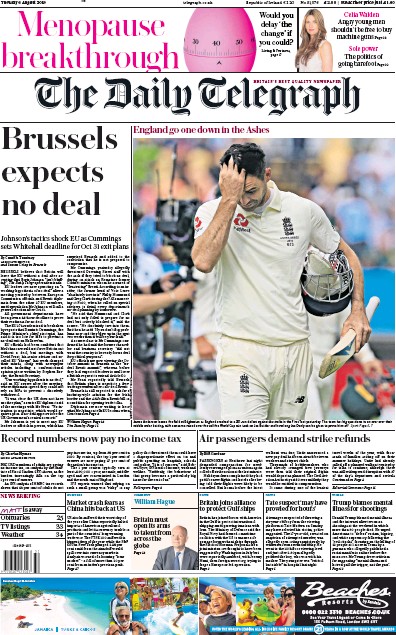 The Daily Telegraph Newspaper Front Page (UK) for 6 August 2019