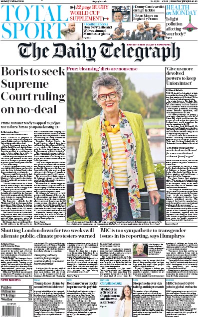 The Daily Telegraph Newspaper Front Page (UK) for 7 October 2019