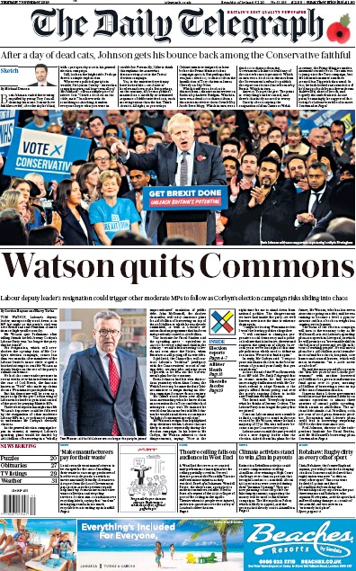 The Daily Telegraph Newspaper Front Page (UK) for 7 November 2019