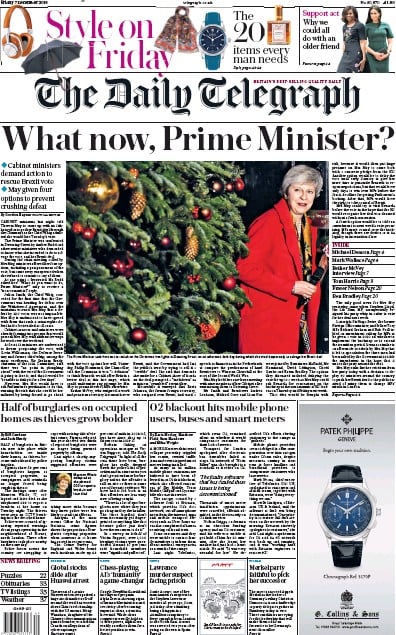 The Daily Telegraph Newspaper Front Page (UK) for 7 December 2018