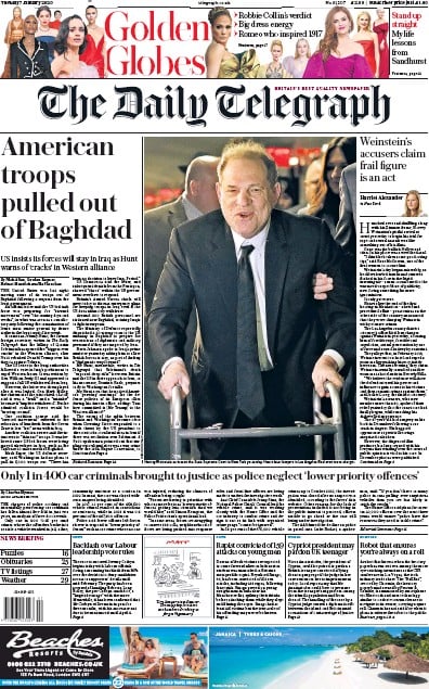 The Daily Telegraph Newspaper Front Page (UK) for 7 January 2020