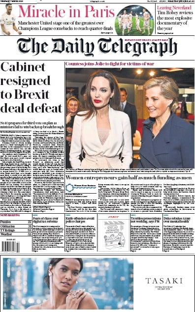 The Daily Telegraph Newspaper Front Page (UK) for 7 March 2019