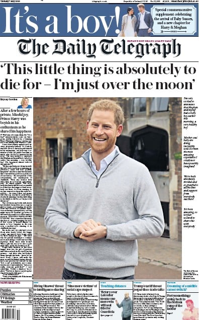 The Daily Telegraph Newspaper Front Page (UK) for 7 May 2019