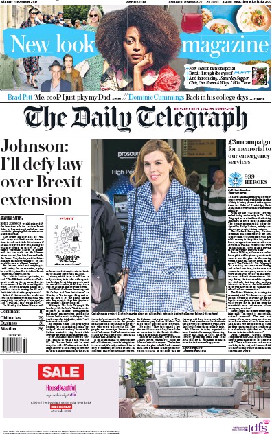 The Daily Telegraph Newspaper Front Page (UK) for 7 September 2019