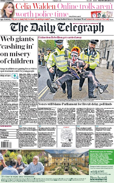 The Daily Telegraph Newspaper Front Page (UK) for 8 October 2019