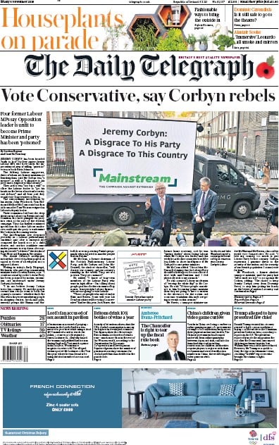 The Daily Telegraph Newspaper Front Page (UK) for 8 November 2019