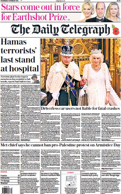 The Daily Telegraph Newspaper Front Page (UK) for 8 November 2023