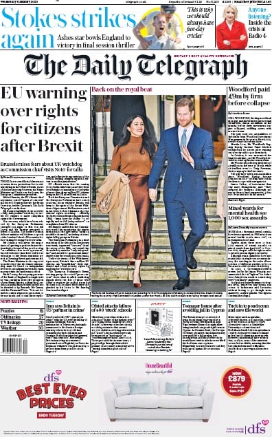 The Daily Telegraph Newspaper Front Page (UK) for 8 January 2020