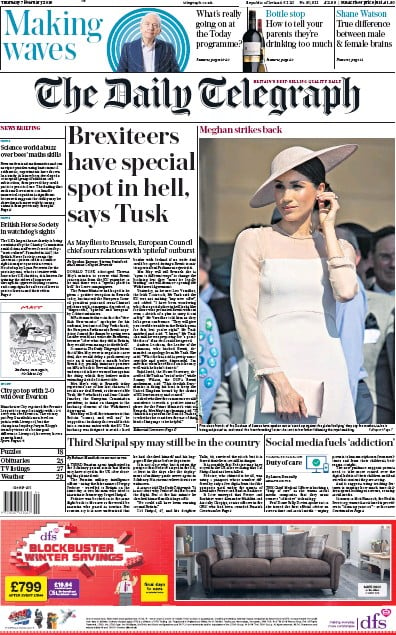 The Daily Telegraph Newspaper Front Page (UK) for 8 February 2019