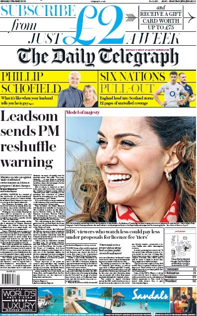 The Daily Telegraph Newspaper Front Page (UK) for 8 February 2020