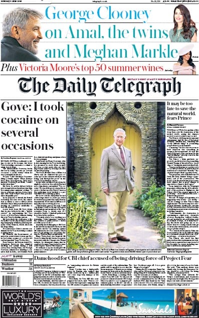The Daily Telegraph Newspaper Front Page (UK) for 8 June 2019