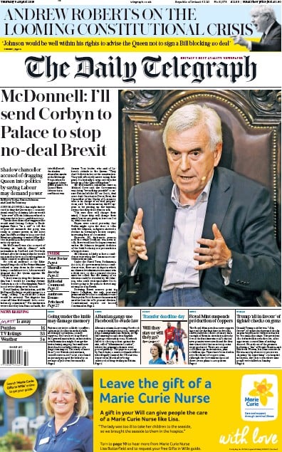 The Daily Telegraph Newspaper Front Page (UK) for 8 August 2019