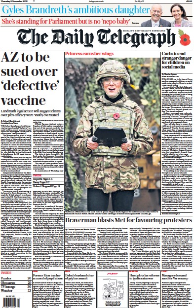 The Daily Telegraph Newspaper Front Page (UK) for 9 November 2023