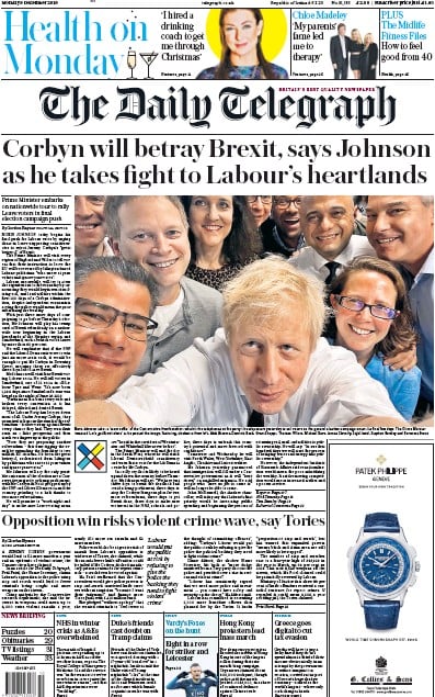 The Daily Telegraph Newspaper Front Page (UK) for 9 December 2019