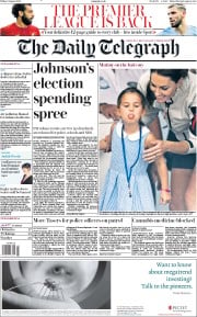 The Daily Telegraph (UK) Newspaper Front Page for 9 August 2019