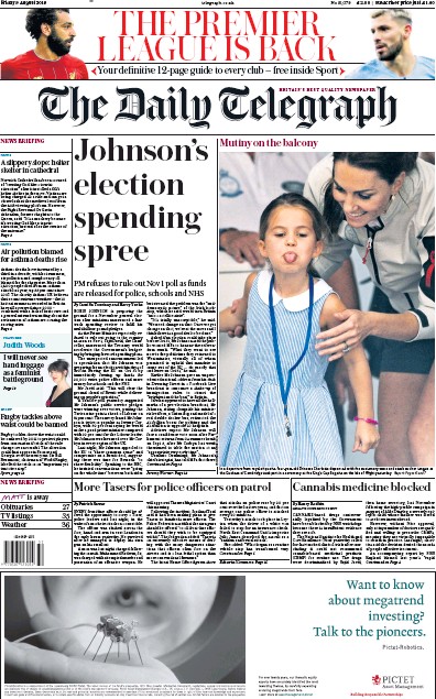 The Daily Telegraph Newspaper Front Page (UK) for 9 August 2019