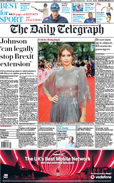 The Daily Telegraph Newspaper Front Page (UK) for 9 September 2019