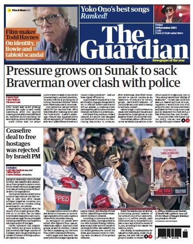 The Guardian Newspaper Front Page (UK) for 10 November 2023