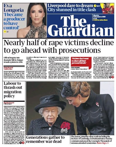 The Guardian Newspaper Front Page (UK) for 11 November 2019