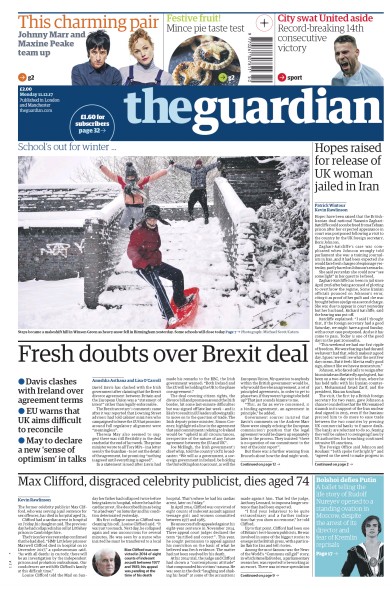 The Guardian Newspaper Front Page (UK) for 11 December 2017